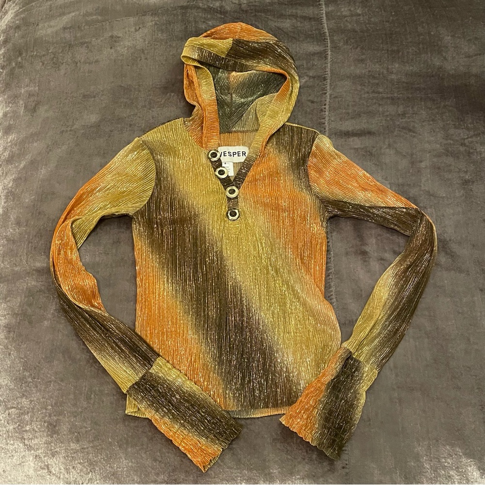 Mia Vesper Hooded Metallic Semi Sheer Top Small